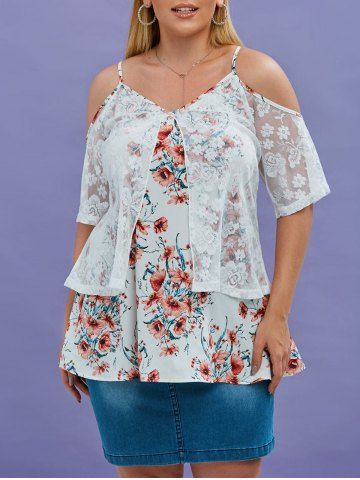Plus Size Embroidered Lace Overlay Cold Shoulder Floral Blouse - MULTI - 5X