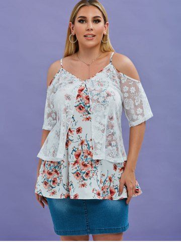 Plus Size Embroidered Lace Overlay Cold Shoulder Floral Blouse