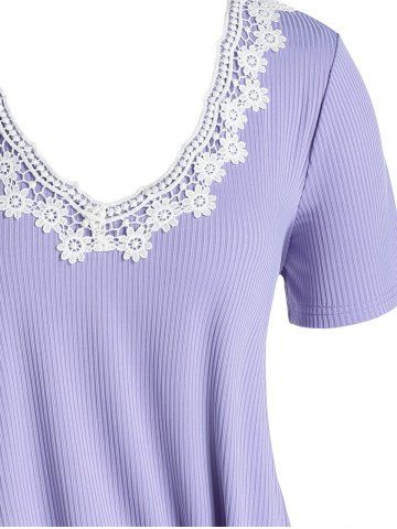 Plus Size Floral Applique Ribbed Ruched Tunic Tee