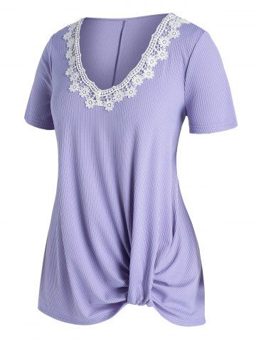 Plus Size Floral Applique Ribbed Ruched Tunic Tee