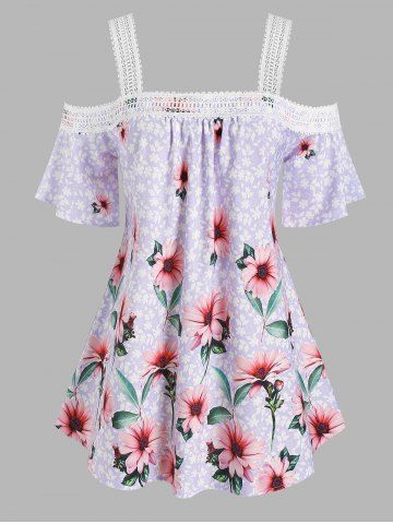 Plus Size & Curve Cold Shoulder Floral Print Blouse - LIGHT PURPLE - 1X