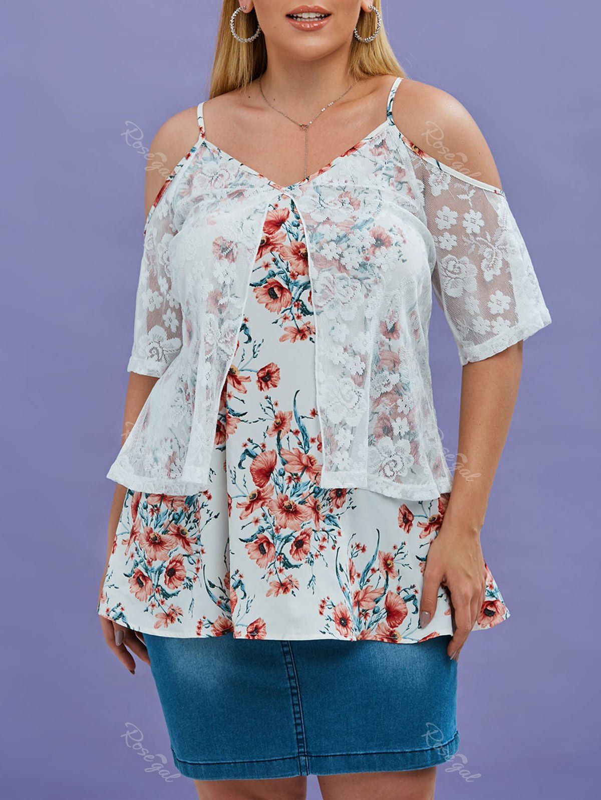 Store Plus Size Embroidered Lace Overlay Cold Shoulder Floral Blouse  