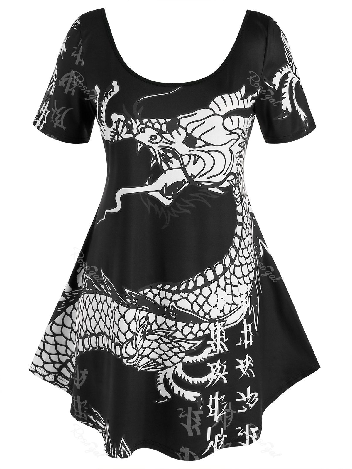 T-shirt Oriental à Imprimé Dragon Curve Noir 3X