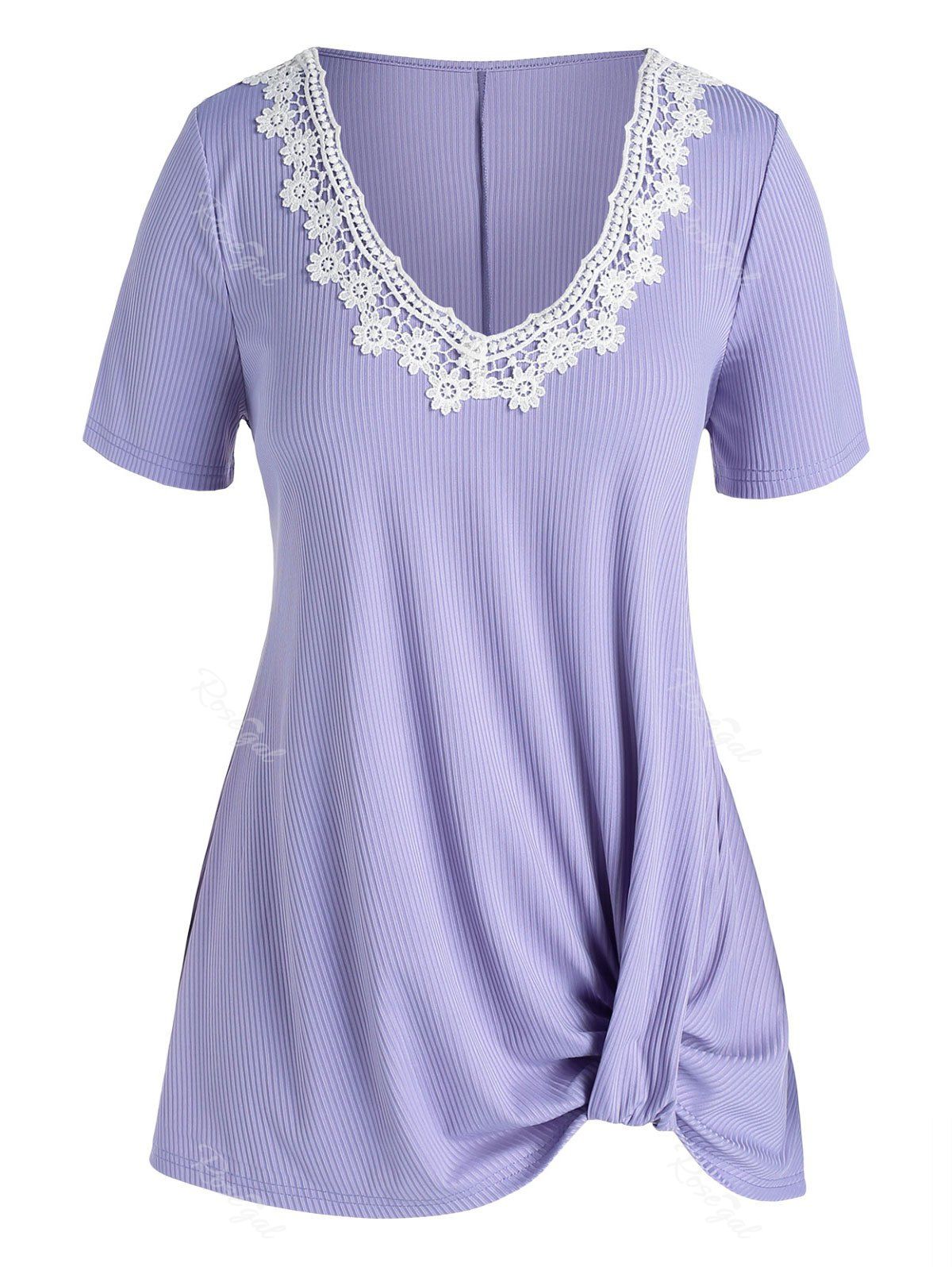 Sale Plus Size Floral Applique Ribbed Ruched Tunic Tee  