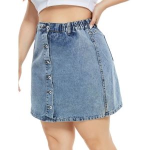 

Zippered Hem Button Up Plus Size Denim Skirt, Blue