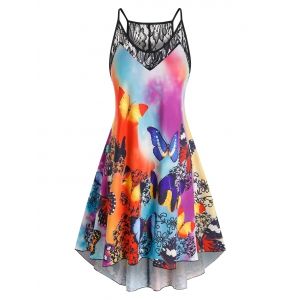 

Plus Size Butterfly Print Lace Panel High Low Dress, Multi