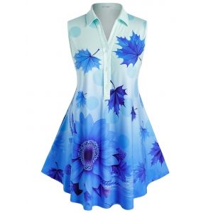 

Plus Size Ombre Color Maple Leaf Sunflower Print Blouse, Blue