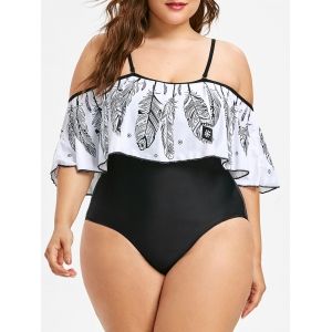 

Plus Size Flounce Feather Print Cold Shoulder One-piece Swimsuit, Black