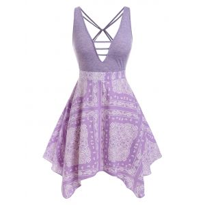 

Plus Size Plunge Strappy Paisley Print Handkerchief Dress, Purple