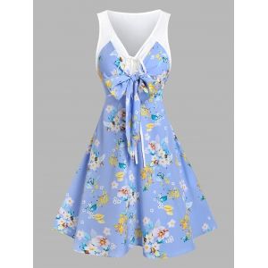 

Floral Print Sleeveless Bowknot Detail Dress, Light blue