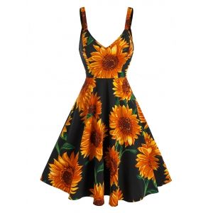 

Sunflower Printed Sleeveless Flare Dress, Black