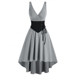 

Plunging Neck Corset Waist High Low Dress, Gray