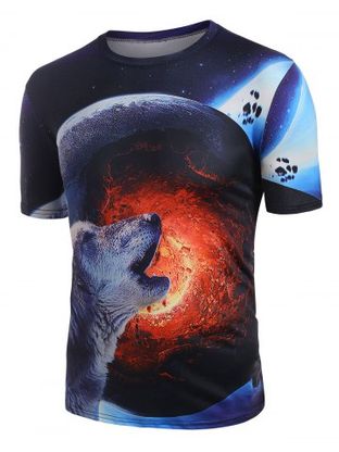 Galaxy Planet Wolf Print Short Sleeve T-shirt