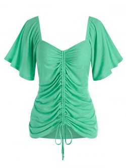 Plus Size & Curve Cinched Flare Sleeve Tee - GREEN - 1X | US 14-16