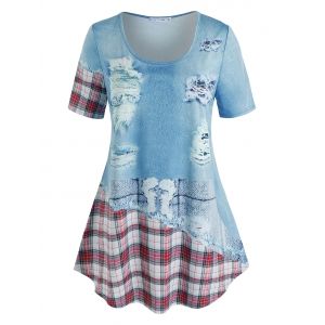 

Plus Size Plaid 3D Ripped Denim Print Swing T Shirt, Light blue