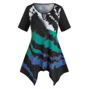 

Plus Size Tie Dye Handkerchief Keyhole Tunic Tee, Black