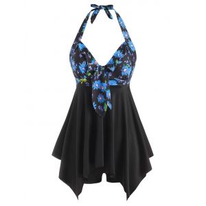 

Ruffle Flower Hanky Hem Boyleg Tankini Swimwear, Black