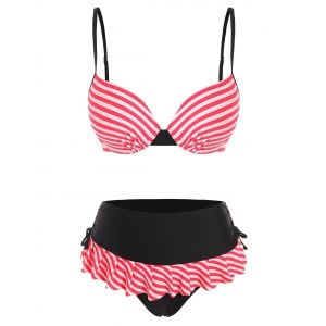 

Striped Push Up Ruffled Tie Bikini Swimwear, Red