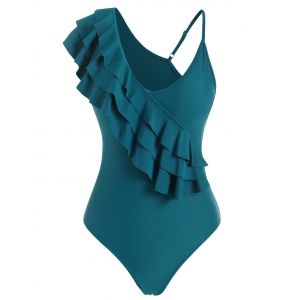 

Layered Flounce Skew Neck One-piece Swimsuit, Blue