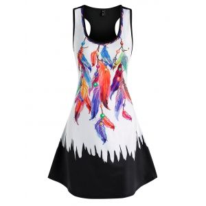 

Colored Feather Printed Mini Tank Dress, Black