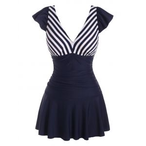 

Cap Sleeve Sailor Striped One-piece Swimdress, Deep blue