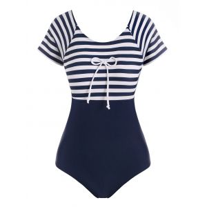 

Cutout Sailor Striped One-piece Swimsuit, Deep blue