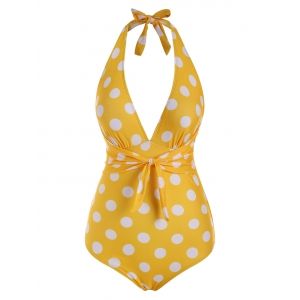 

Tied Plunge Front Polka Dot Halter One-piece Swimsuit, Yellow