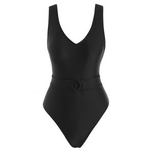 

O Ring Plunging Belted One-piece Swimsuit, Black