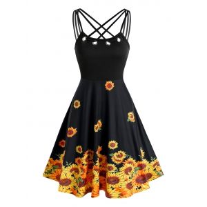 

Grommet Strappy Sunflower Patterned Dress, Black