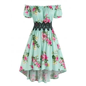 

Off The Shoulder Floral Print High Low Dress, Light green