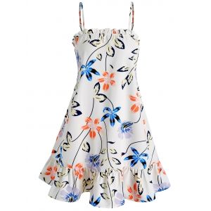 

Flower and Leaves Print Cami Dress, White