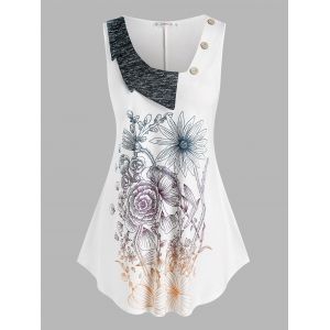 

Plus Size Flower Print Skew Collar Tunic Tank Top, White