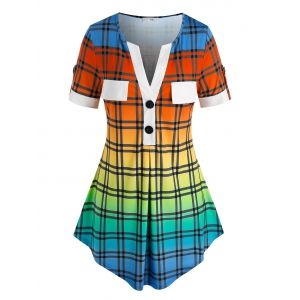 

Plus Size Plaid Ombre Color Curved Blouse, White