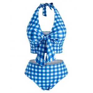 

Plus Size Bowknot Halter Plunge Checked Tankini Swimwear, Light blue