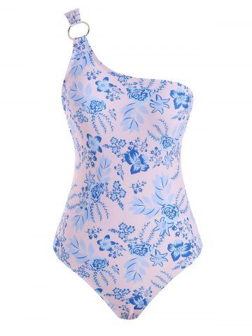 Floral Print O Ring One Shoulder One-piece Swimsuit - LIGHT PURPLE - M