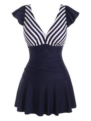 Cap Sleeve Sailor Striped One-piece Swimdress - DEEP BLUE - S