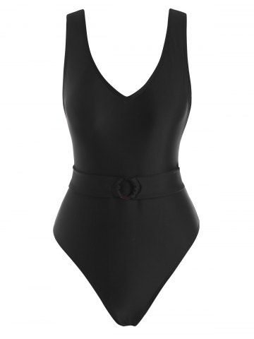 O Ring Plunging Belted One-piece Swimsuit - BLACK - S