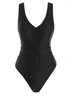 O Ring Plunging Belted One-piece Swimsuit - BLACK - XL