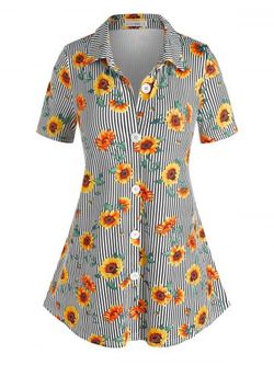 Plus Size Sunflower Print Stripe Shirt - YELLOW - 2X