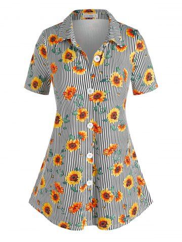Plus Size Sunflower Print Stripe Shirt - YELLOW - 5X