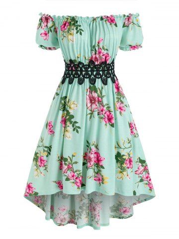 Off The Shoulder Floral Print High Low Dress - LIGHT GREEN - M