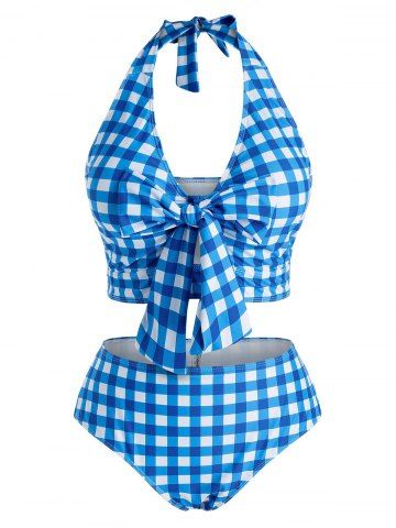 Plus Size Bowknot Halter Plunge Checked Tankini Swimwear - LIGHT BLUE - 2X