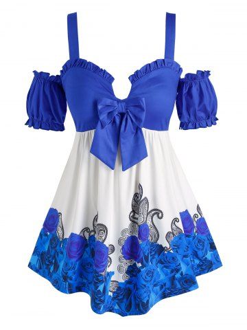 Plus Size Ruffle Cold Shoulder Bowknot Floral Print Tee - BLUE - L