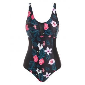 

Flower Leaf Print Mesh Panel One-piece Swimsuit, Black