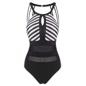 

Striped Keyhole Straps Mesh Insert One-piece Swimsuit, Black