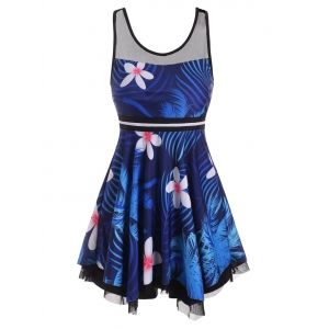 

Tropical Print Mesh Panel Handkerchief Tankini Swimwear, Blue