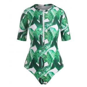 

Palm Leaf Print Short Sleeve One-Piece Swimsuit, Deep green