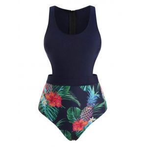 

Pineapple Flower Zip Racerback One-piece Swimsuit, Deep blue