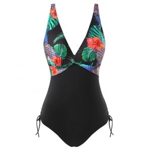 

Tropical Flower Print Cinched Padded One-piece Swimwear, Black