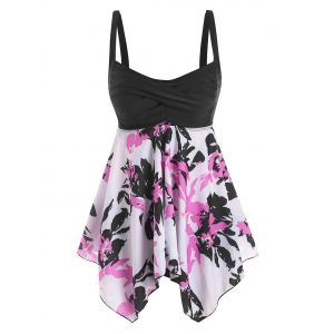 

Twisted Flower Print Handkerchief Tankini Swimwear, Black